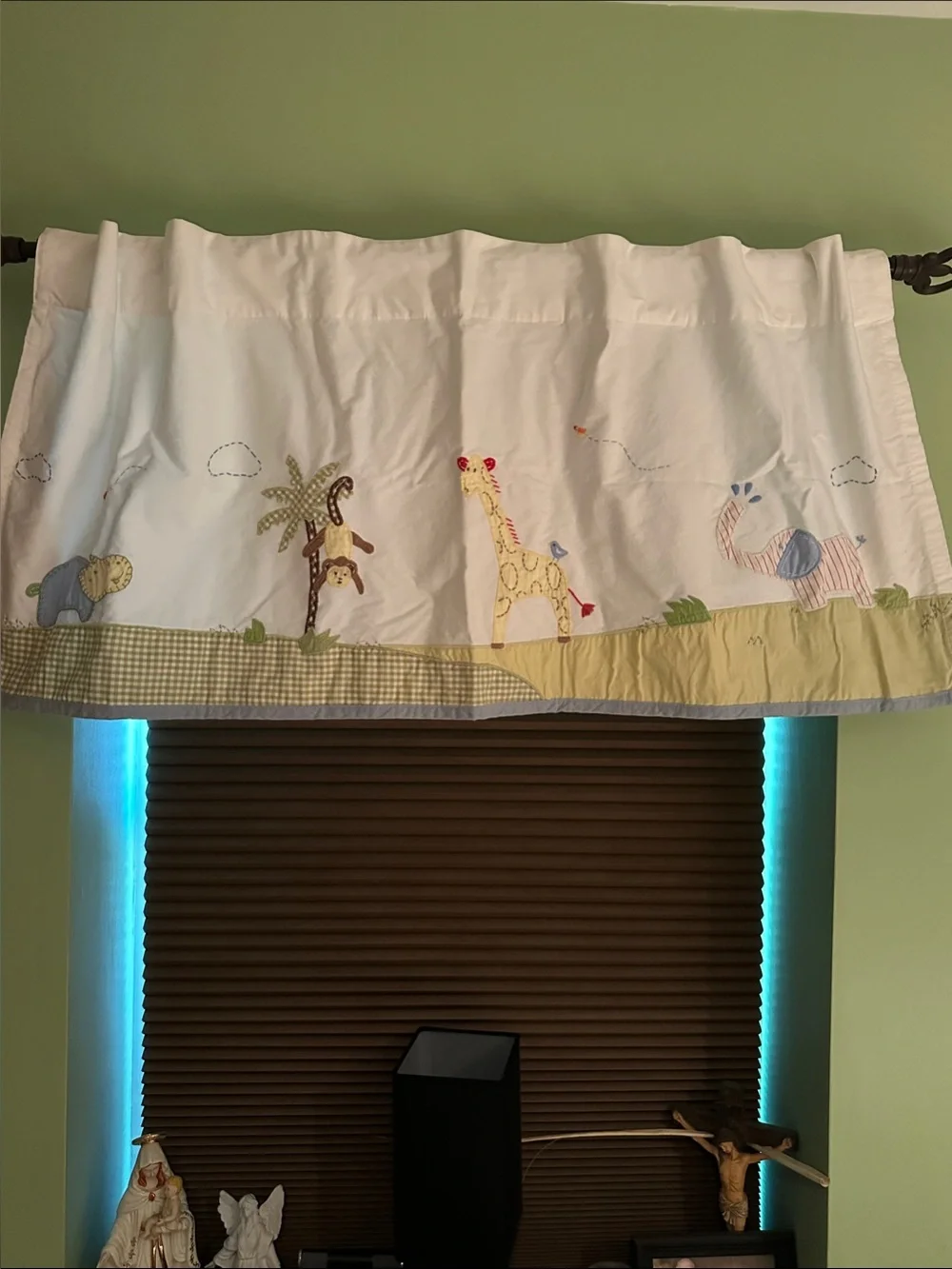 Pottery Barn Kids White Valance with Green Gingham and Animal Appliqués